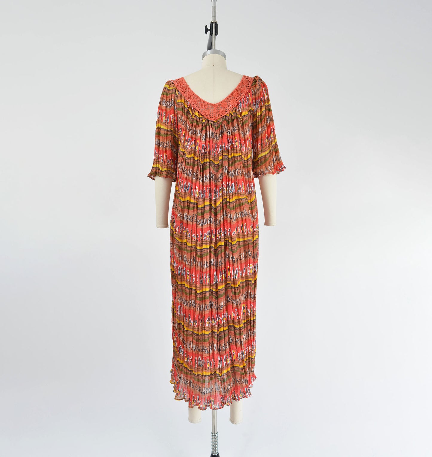 Vintage 90s Orange Boho Crochet Lace Broomstick Pleated Midi Dress Open Airy Midi Dress OS