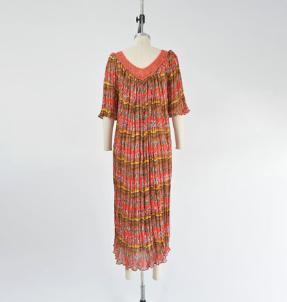 Vintage 90s Orange Boho Crochet Lace Broomstick Pleated Midi Dress Open Airy Midi Dress OS