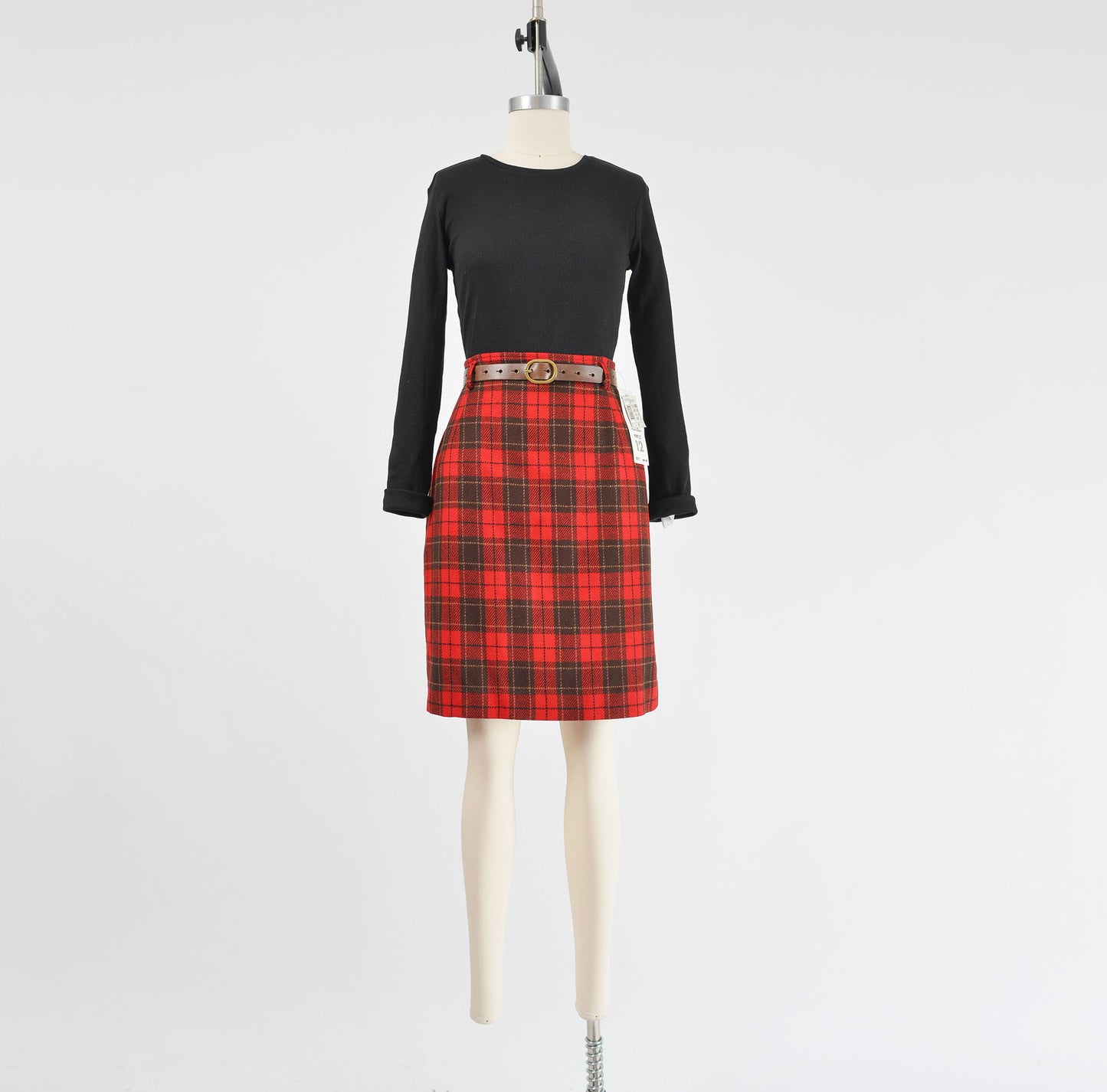 Vintage 90s Red and Brown Plaid Wool Pencil Skirt size M