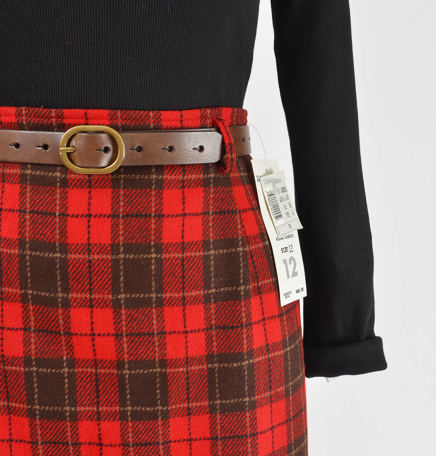 Vintage 90s Red and Brown Plaid Wool Pencil Skirt size M