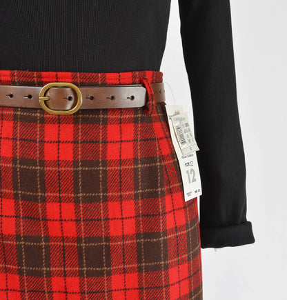 Vintage 90s Red and Brown Plaid Wool Pencil Skirt size M