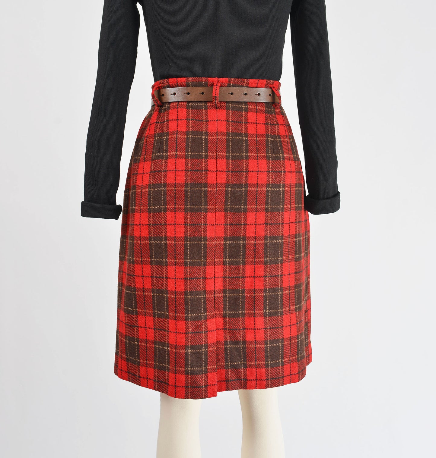 Vintage 90s Red and Brown Plaid Wool Pencil Skirt size M