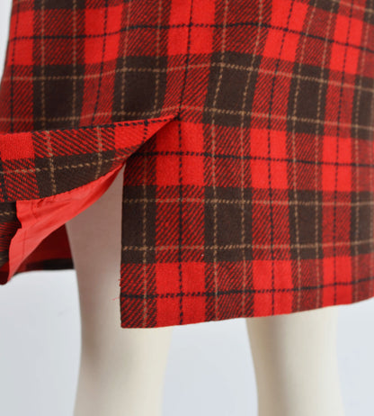 Vintage 90s Red and Brown Plaid Wool Pencil Skirt size M