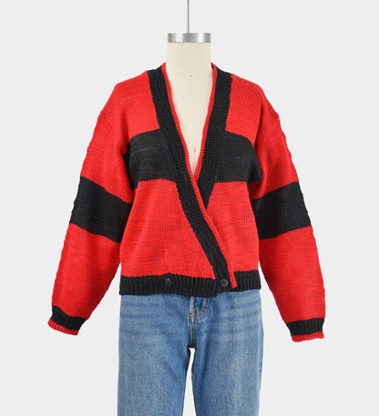 Vintage 90s Red and Black Striped Deep V Neck Sweater Cardigan size S M