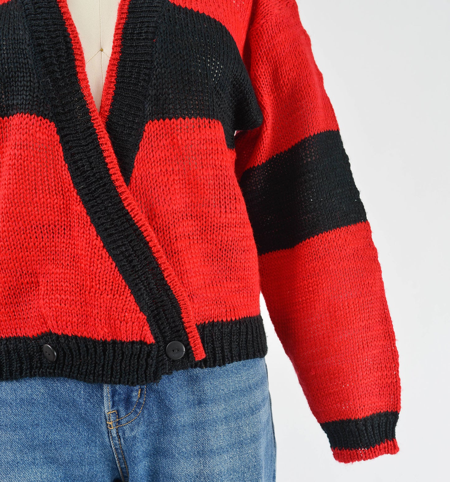 Vintage 90s Red and Black Striped Deep V Neck Sweater Cardigan size S M