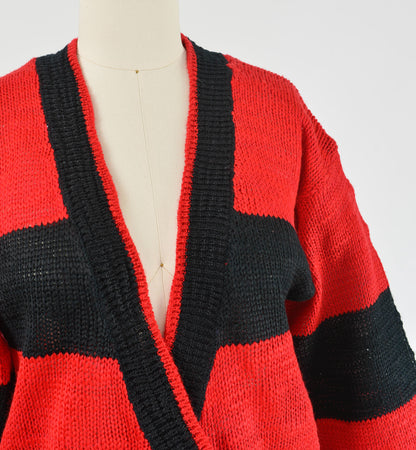 Vintage 90s Red and Black Striped Deep V Neck Sweater Cardigan size S M