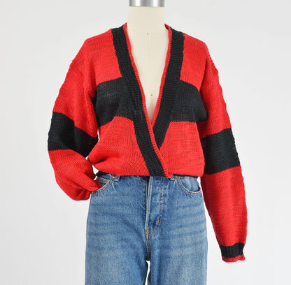 Vintage 90s Red and Black Striped Deep V Neck Sweater Cardigan size S M