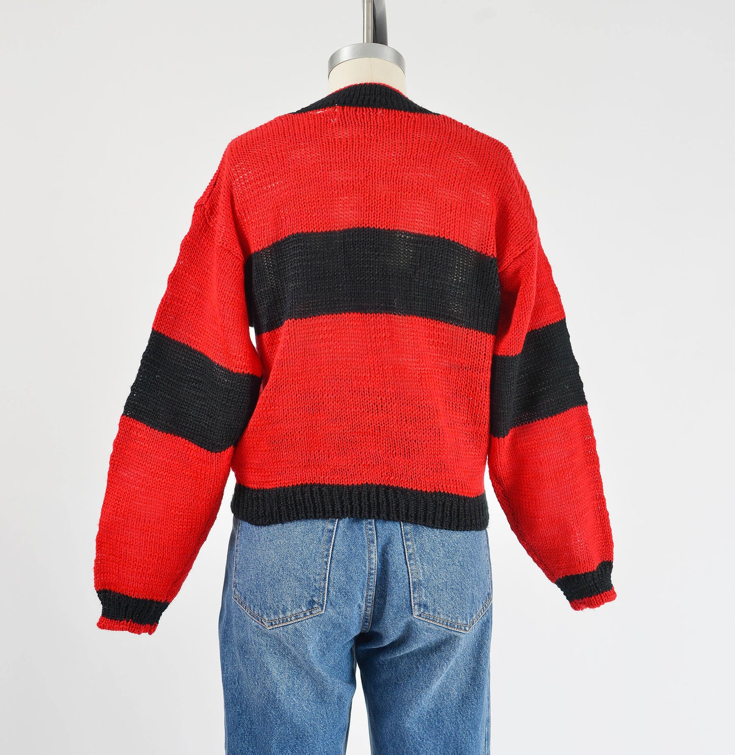 Vintage 90s Red and Black Striped Deep V Neck Sweater Cardigan size S M