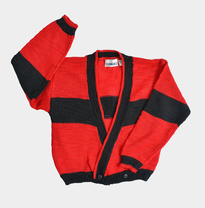 Vintage 90s Red and Black Striped Deep V Neck Sweater Cardigan size S M