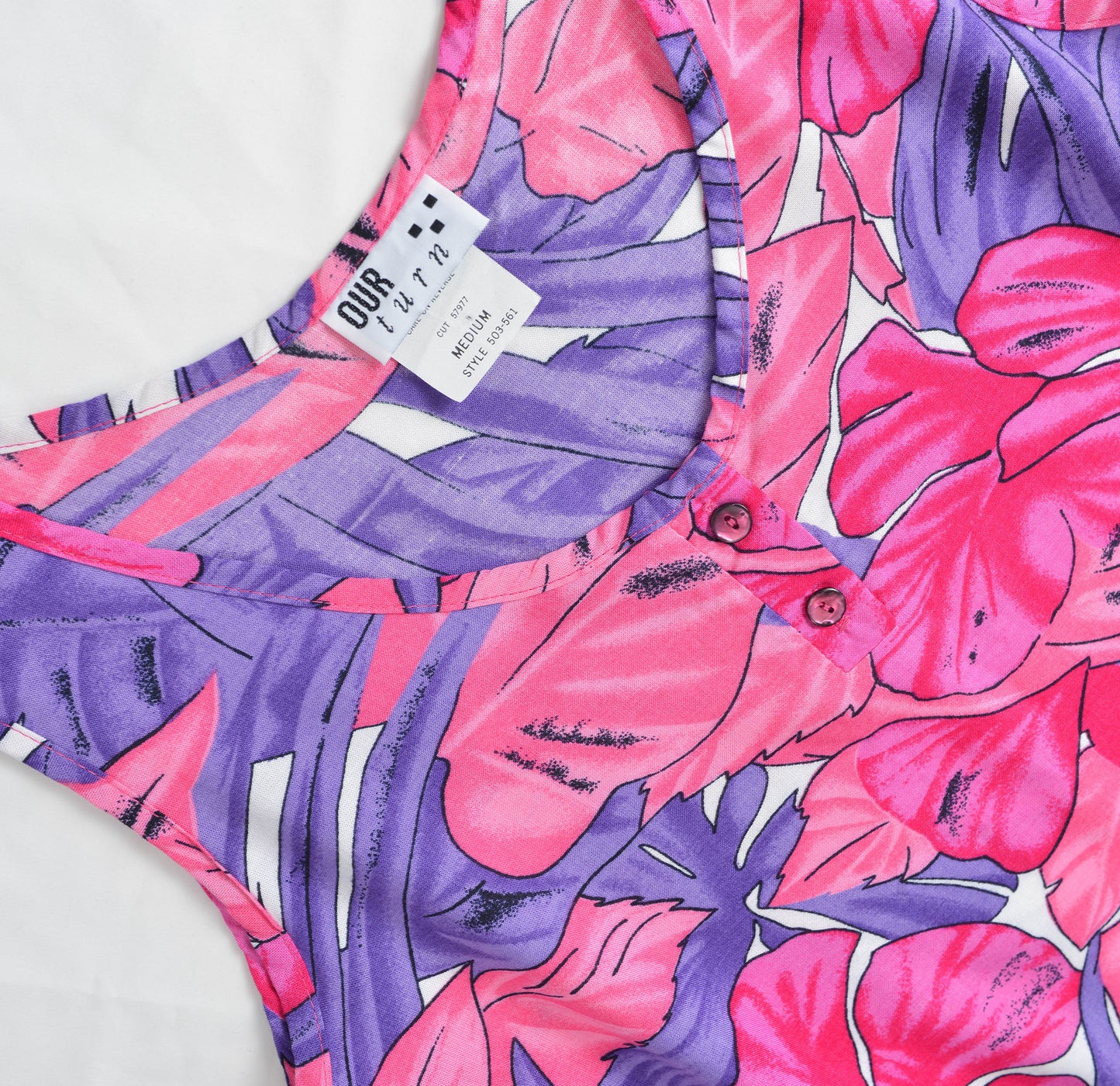 Vintage 90s Pink and Purple Tropical Leaf Print Sleeveless Top size S M