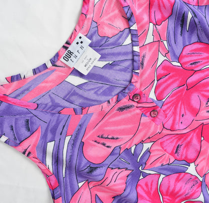 Vintage 90s Pink and Purple Tropical Leaf Print Sleeveless Top size S M