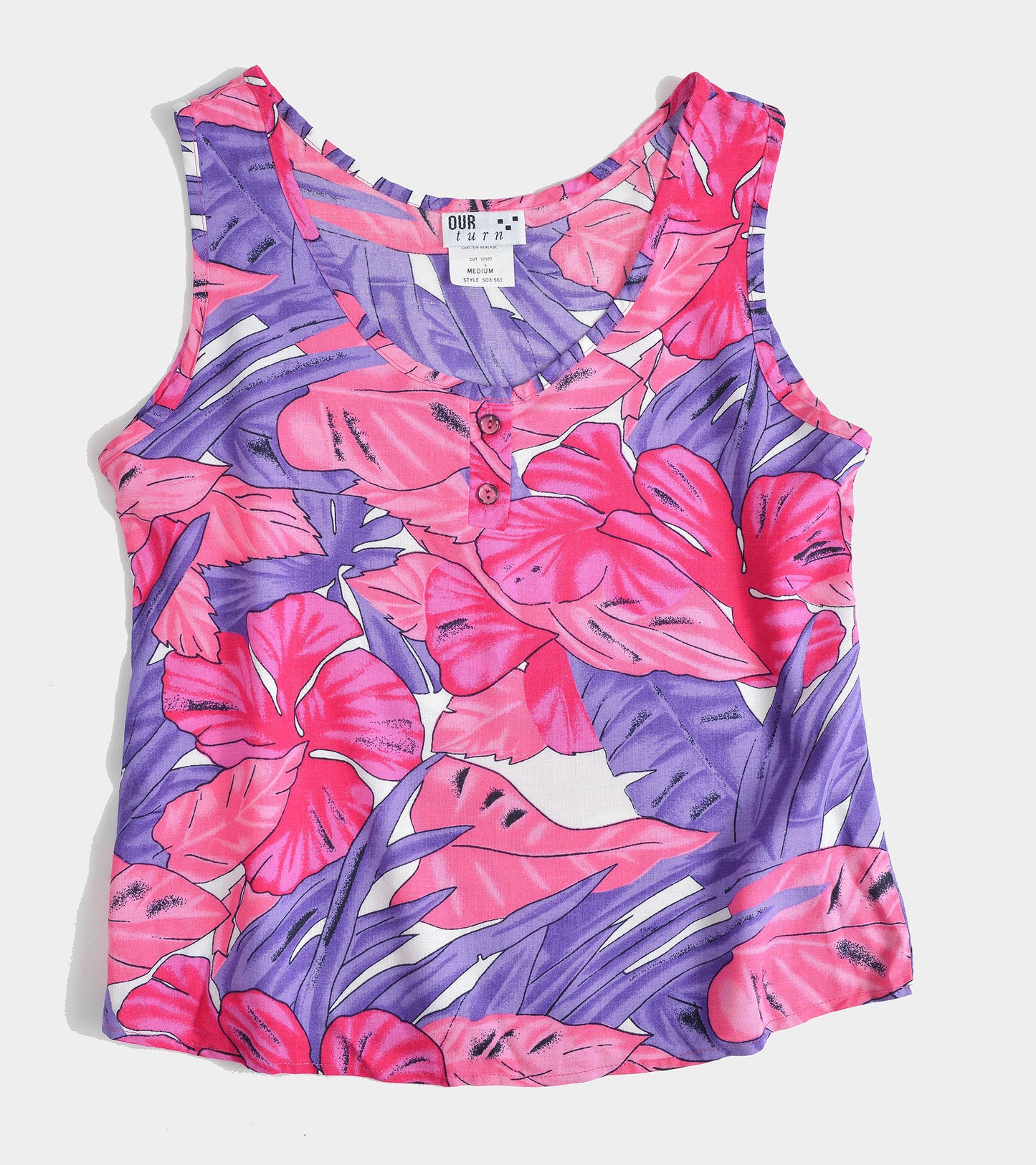 Vintage 90s Pink and Purple Tropical Leaf Print Sleeveless Top size S M