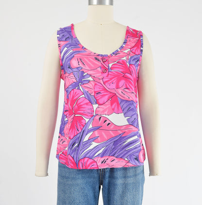 Vintage 90s Pink and Purple Tropical Leaf Print Sleeveless Top size S M