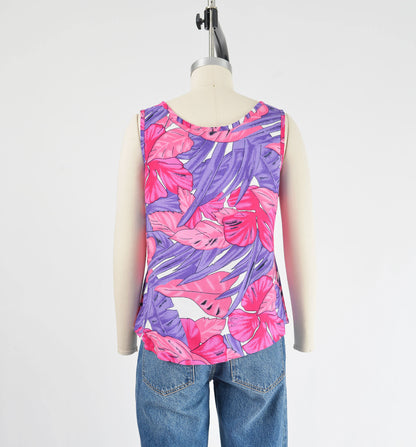 Vintage 90s Pink and Purple Tropical Leaf Print Sleeveless Top size S M