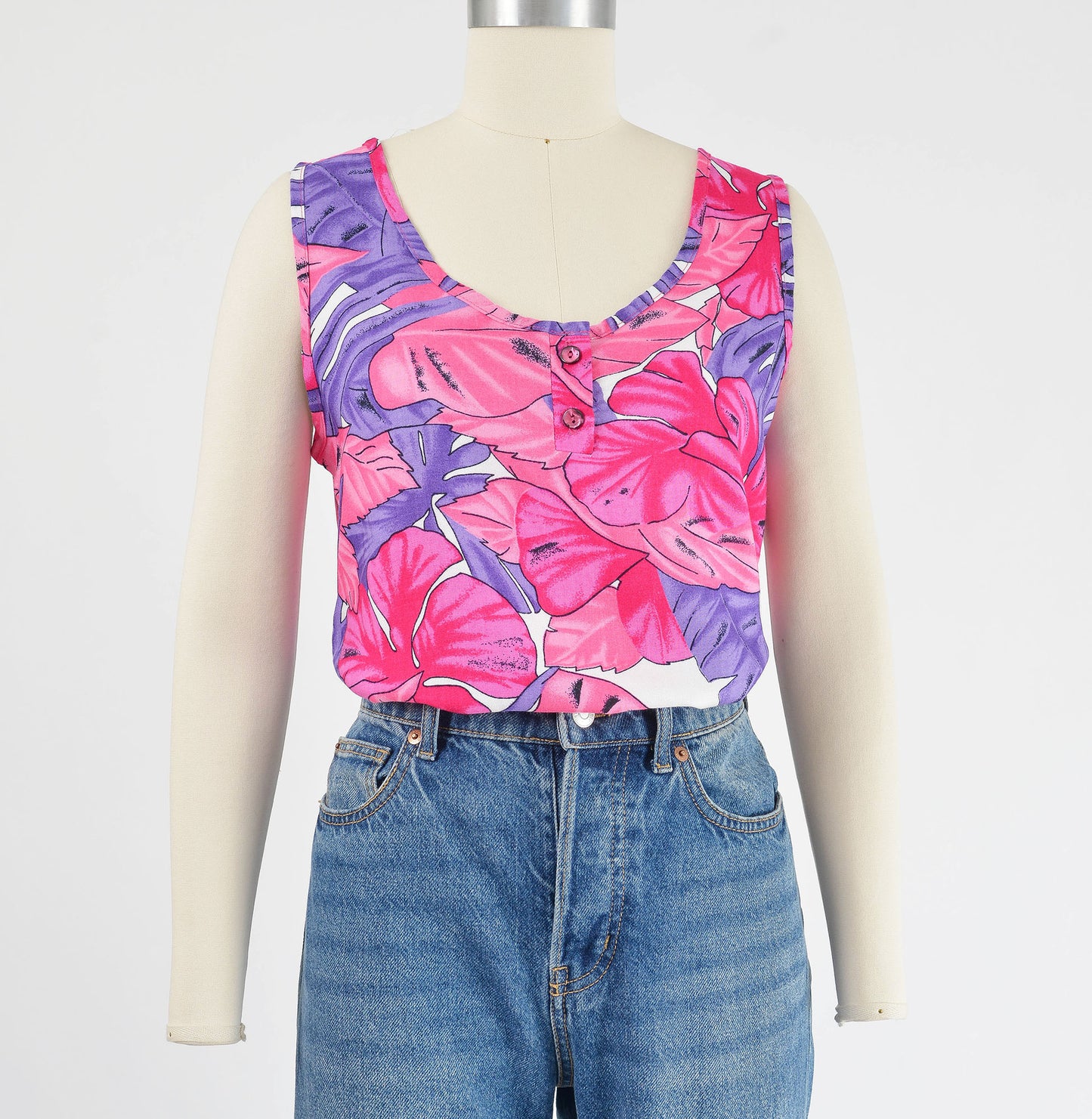 Vintage 90s Pink and Purple Tropical Leaf Print Sleeveless Top size S M