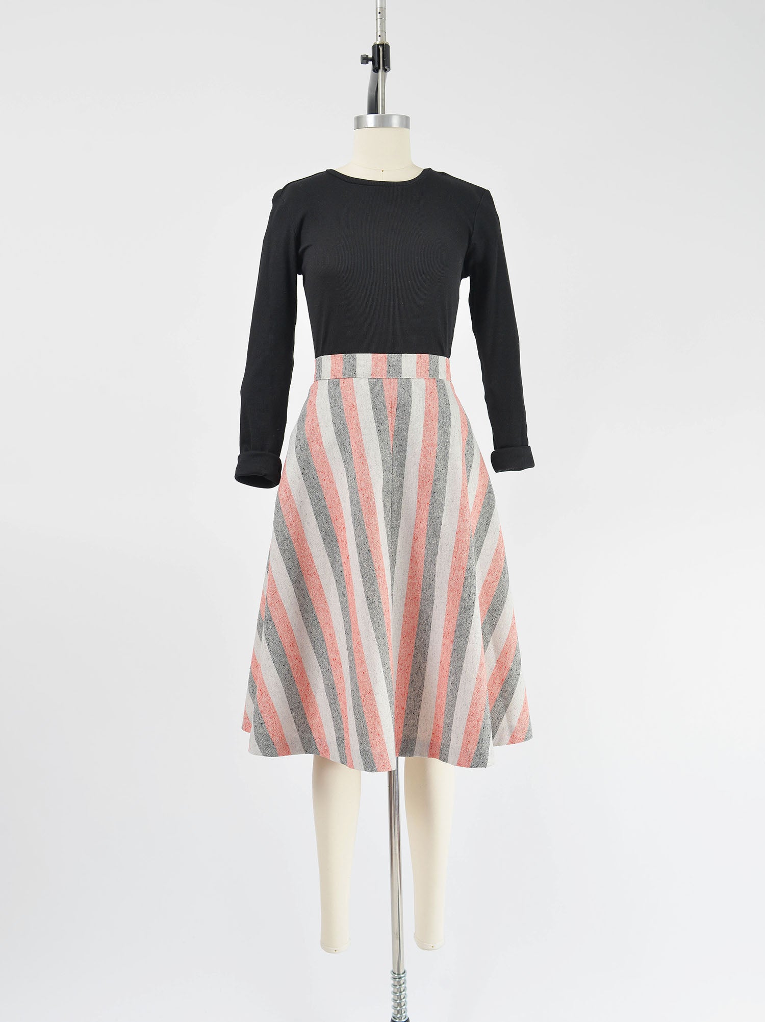 Full front view of 1970's striped wool blend flared skirt.