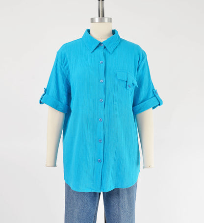 Vintage 90's bright blue shirt. Cotton gauze fabric. Collared neckline. Short sleeves. Button down front.