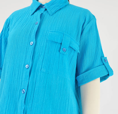 Vintage 90's bright blue shirt. Cotton gauze fabric. Collared neckline. Short sleeves. Button down front.