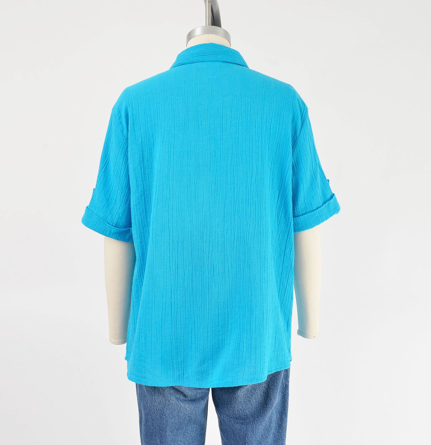 Vintage 90s Bright Blue Cotton Collared Button Down Short Sleeve Shirt size M L