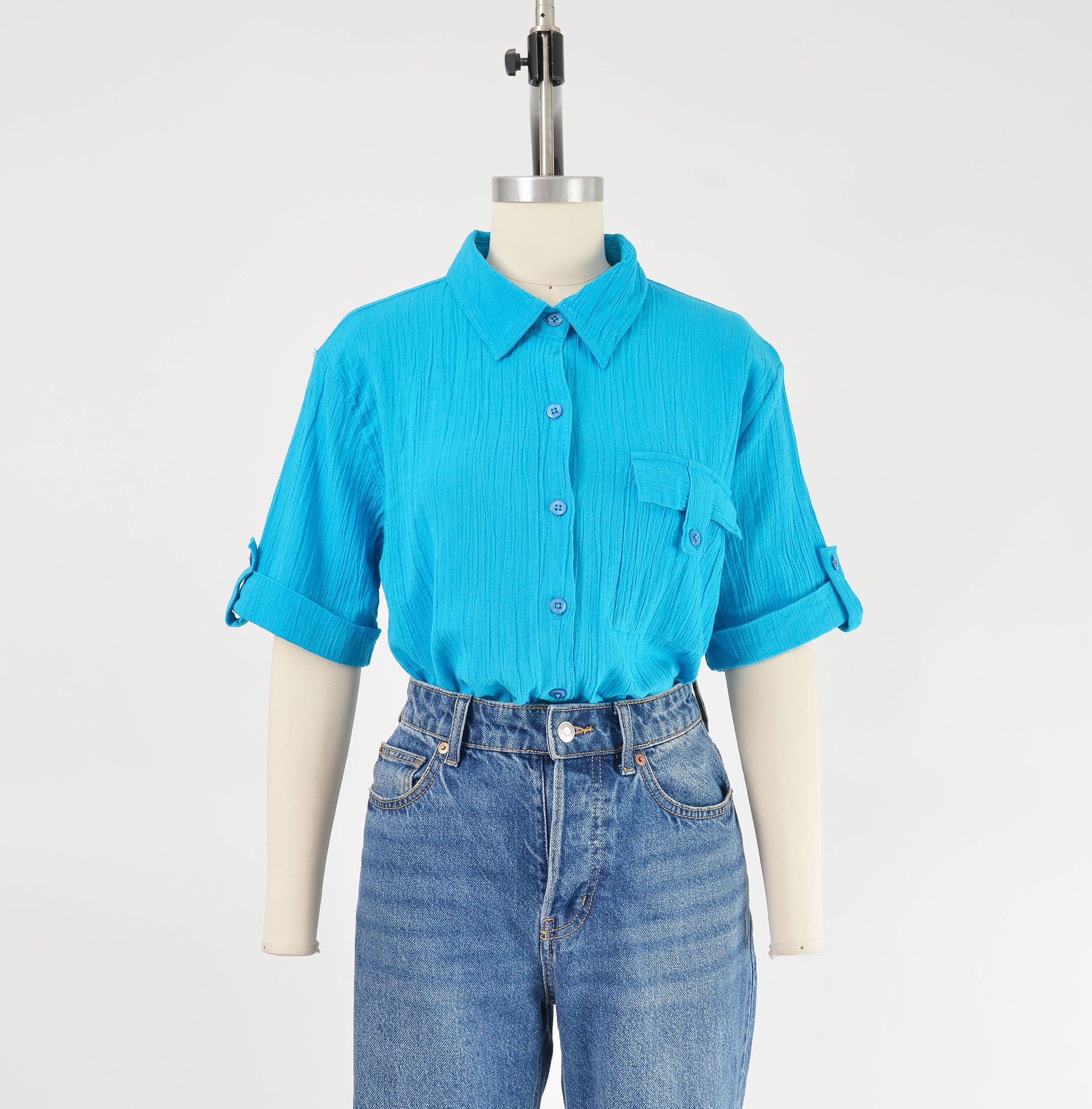 Vintage 90's bright blue shirt. Cotton gauze fabric. Collared neckline. Short sleeves. Button down front.