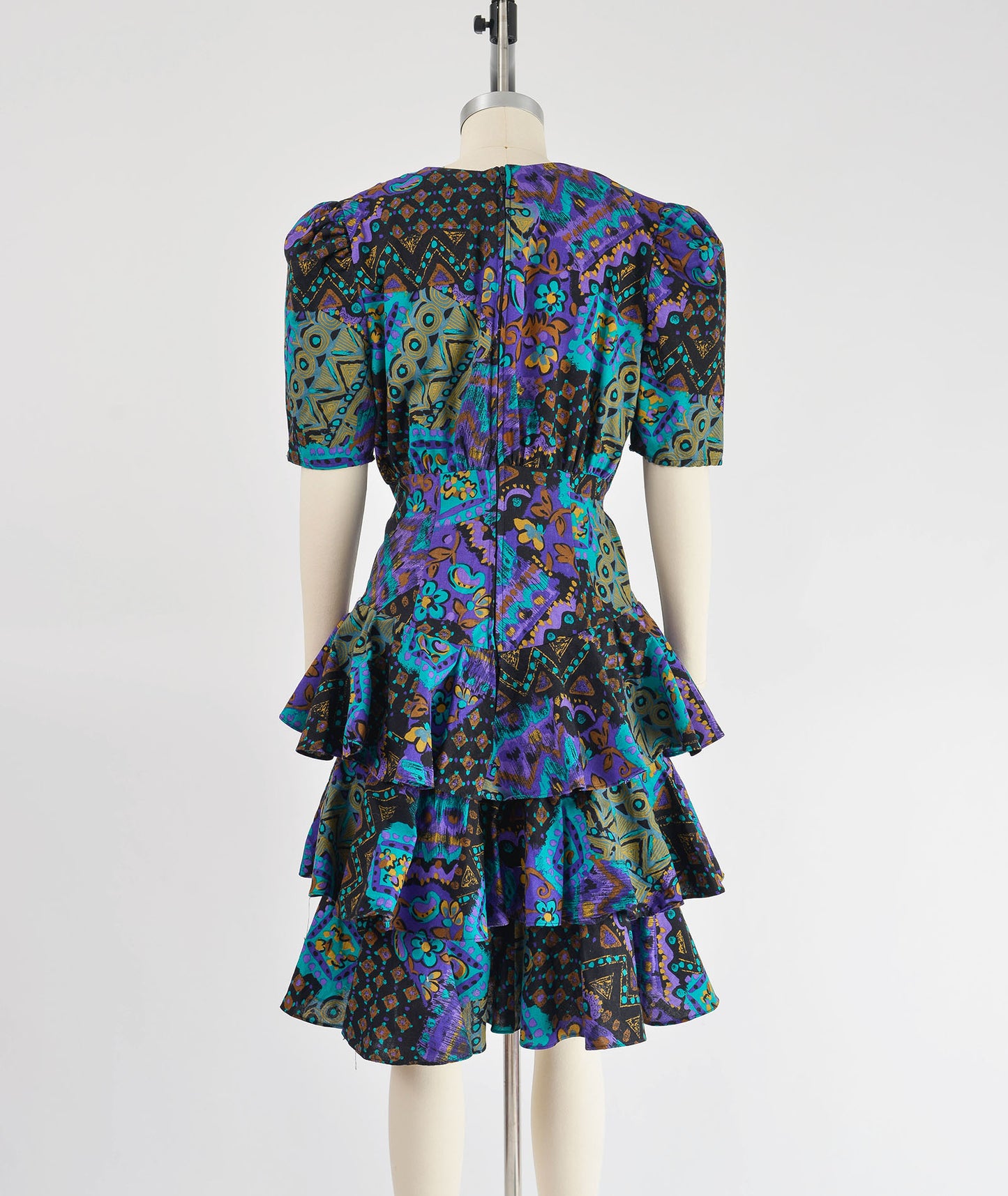 Full back view of vintage 80s abstract print cotton dress with tiered ruffle skirt.