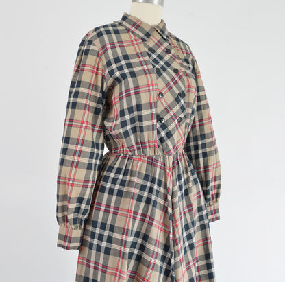 Vintage 80s Plaid Cotton Flannel Full Midi Length Shirt Dress size S M