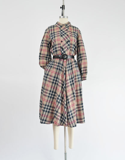 Vintage 80s Plaid Cotton Flannel Full Midi Length Shirt Dress size S M