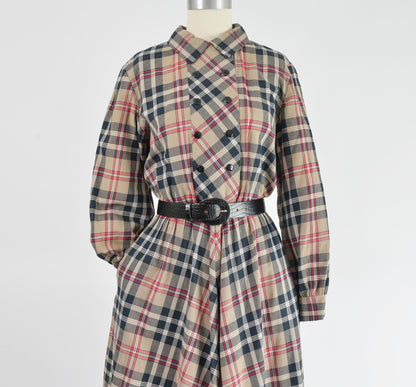 Vintage 80s Plaid Cotton Flannel Full Midi Length Shirt Dress size S M