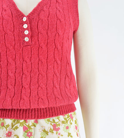 Vintage 80s Dark Pink Cable Knit Shetland Wool Sweater Vest size XS S