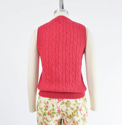 Vintage 80s Dark Pink Cable Knit Shetland Wool Sweater Vest size XS S