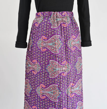 Vintage 70s Purple Paisley Print Quilted Maxi Skirt size S