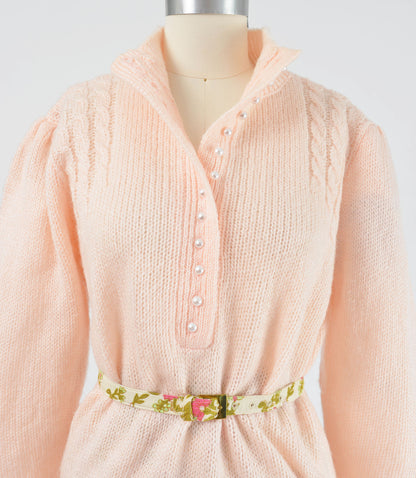 Vintage 80s Light Pink Puff Sleeve Pearl Button Neck Sweater size M