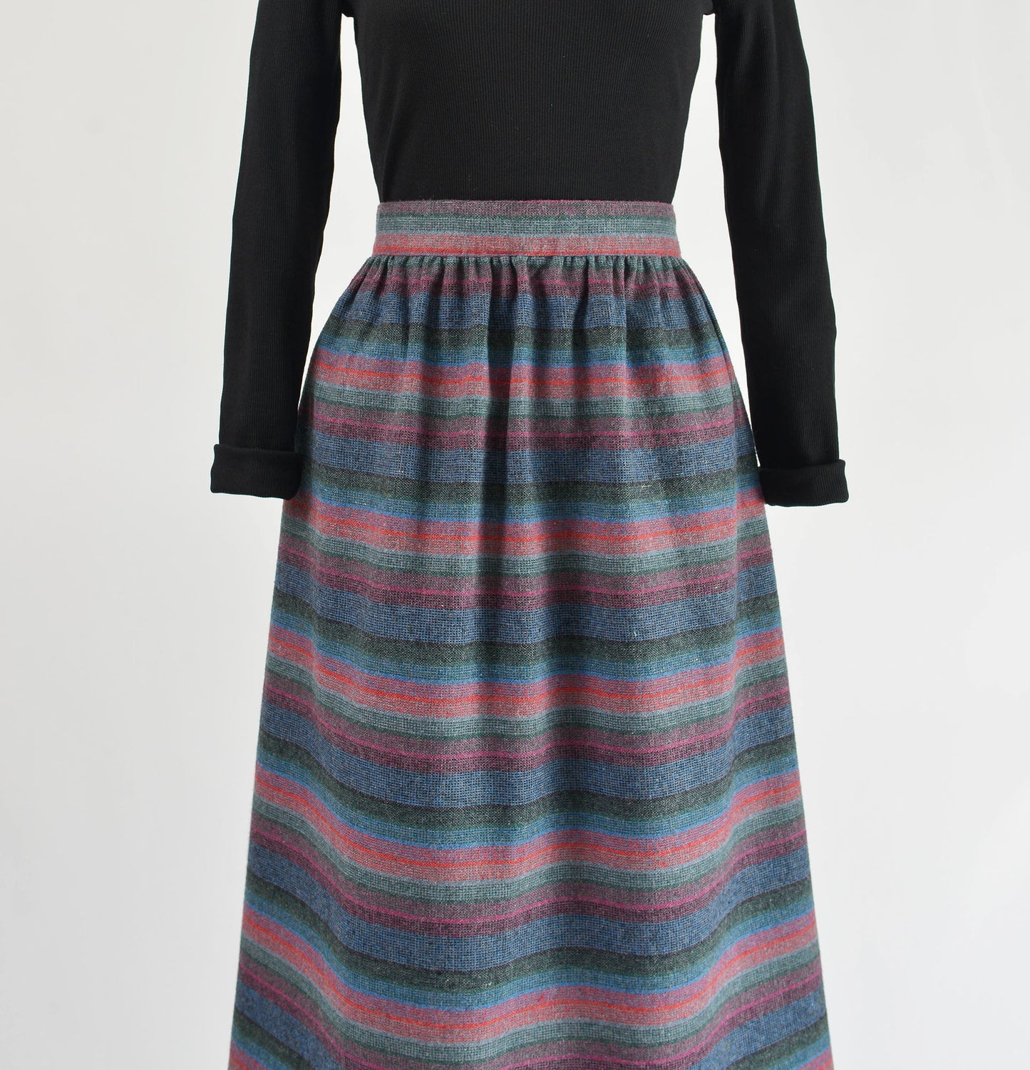 Vintage 70s Striped Woven Wool Flared Midi Skirt size M