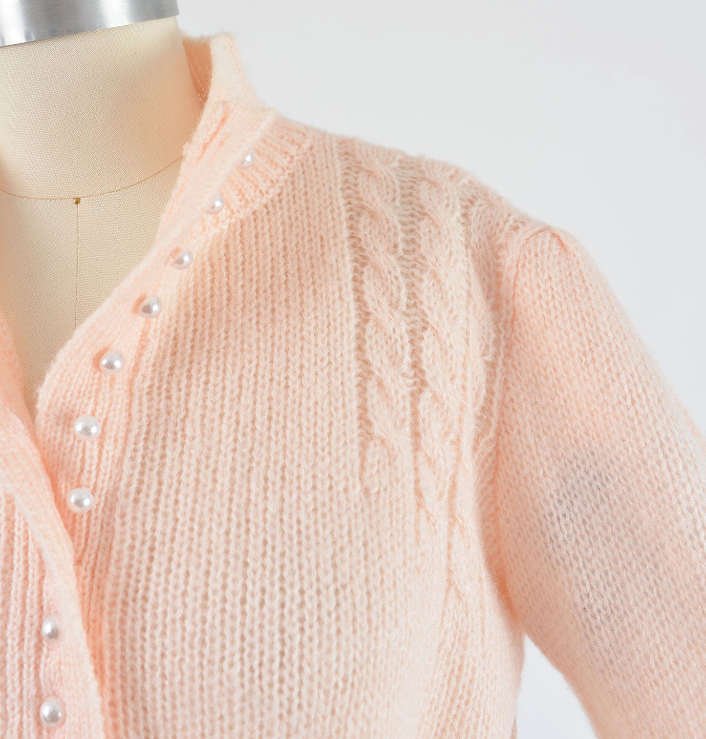 Vintage 80s Light Pink Puff Sleeve Pearl Button Neck Sweater size M