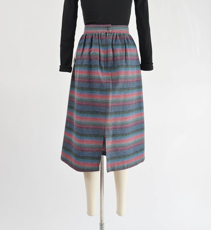 Vintage 70s Striped Woven Wool Flared Midi Skirt size M