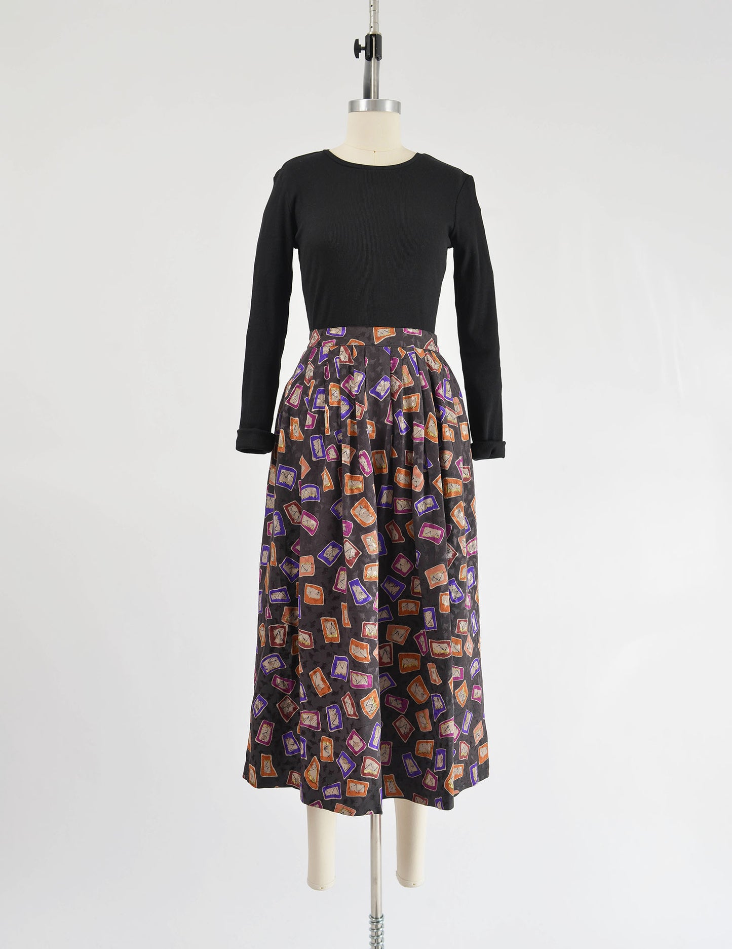 Vintage 80s Dark Gray Geometric Silk Full Pleated Midi Skirt with Pockets size S