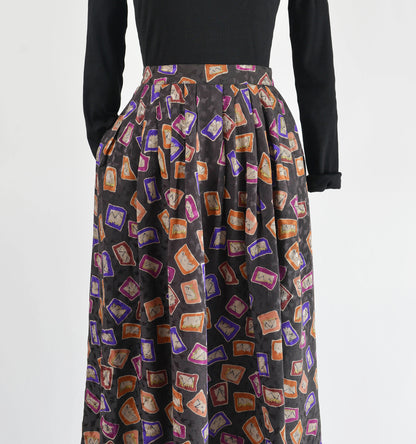 Vintage 80s Dark Gray Geometric Silk Full Pleated Midi Skirt with Pockets size S