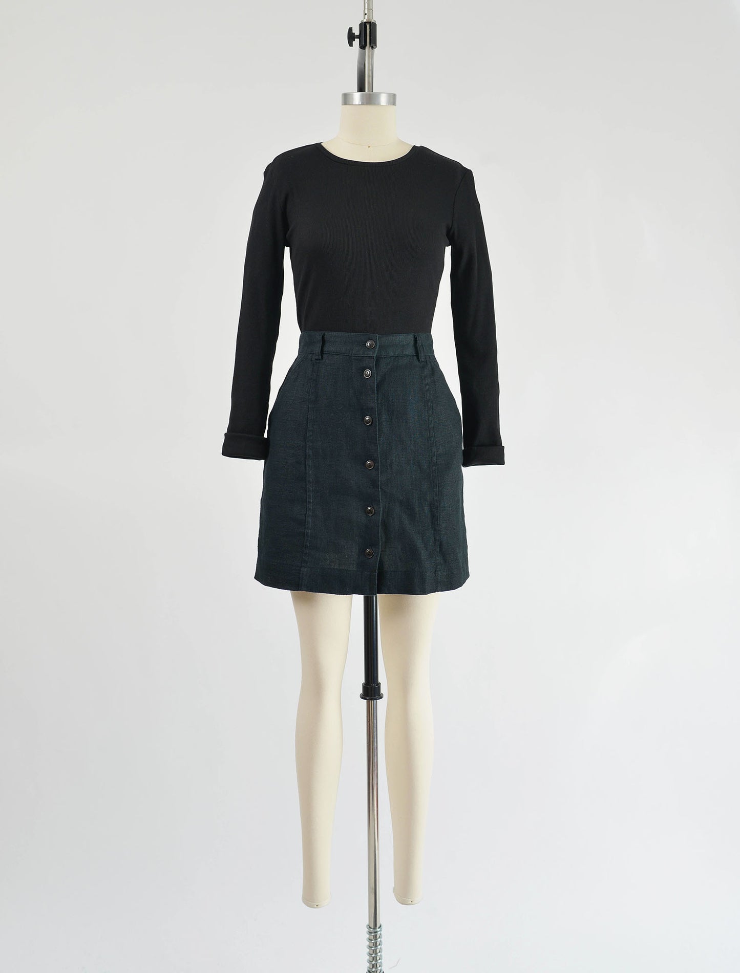 Vintage 90s Gap Black Linen Button Front Mini Skirt size XS S