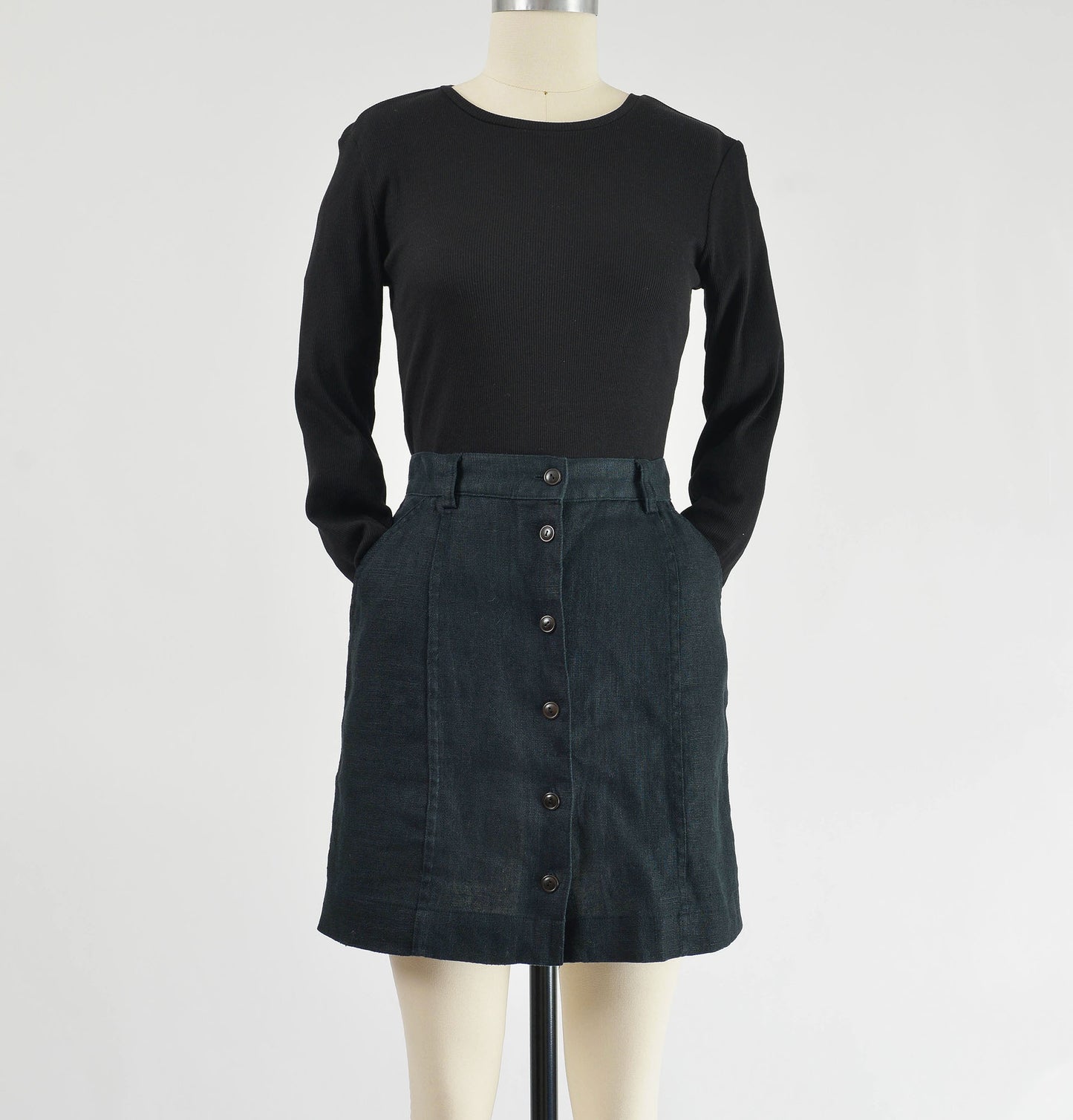 Vintage 90s Gap Black Linen Button Front Mini Skirt size XS S