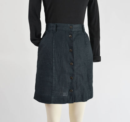 Vintage 90s Gap Black Linen Button Front Mini Skirt size XS S