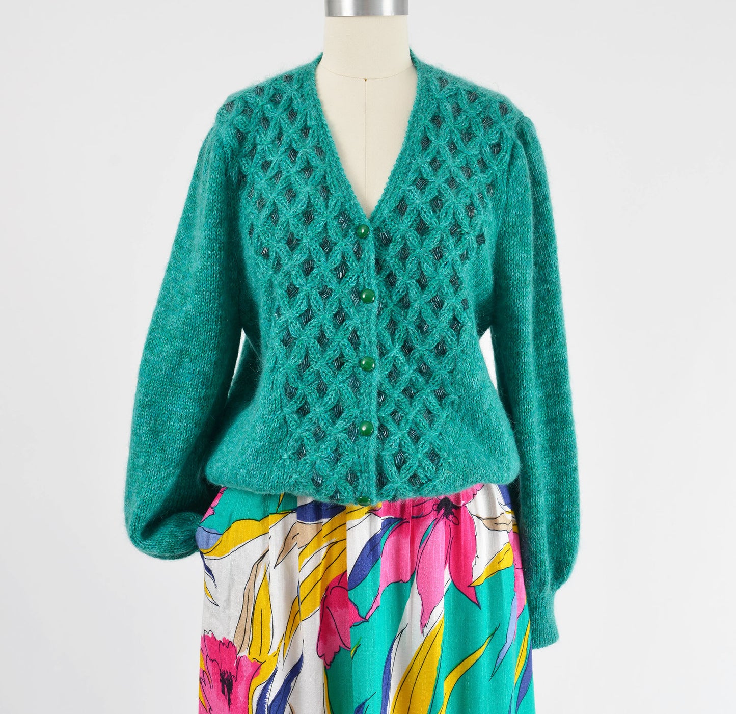 Vintage Teal Green Beaded Mohair Balloon Sleeve Sweater Cardigan size M L