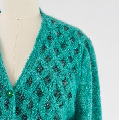 Vintage Teal Green Beaded Mohair Balloon Sleeve Sweater Cardigan size M L