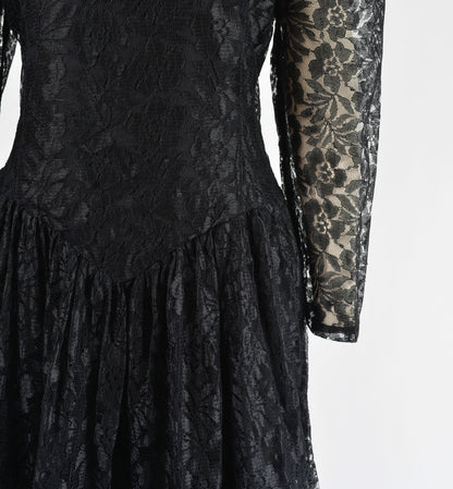 Vintage 90s Black Lace Whimsigoth Witchy Puff Sleeve Maxi Dress size M