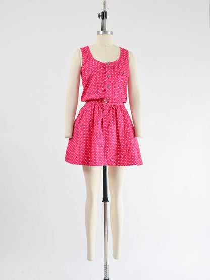 Vintage 90s Pink and White Polka Dot Cotton Skater Mini Dress with Pockets size S