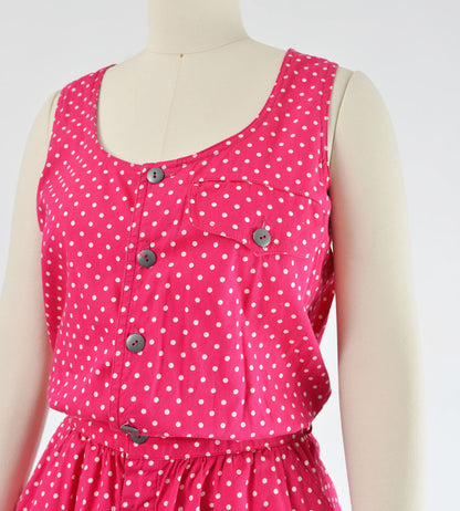 Vintage 90s Pink and White Polka Dot Cotton Skater Mini Dress with Pockets size S