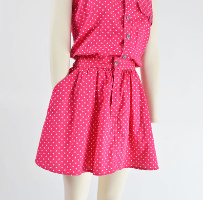 Vintage 90s Pink and White Polka Dot Cotton Skater Mini Dress with Pockets size S