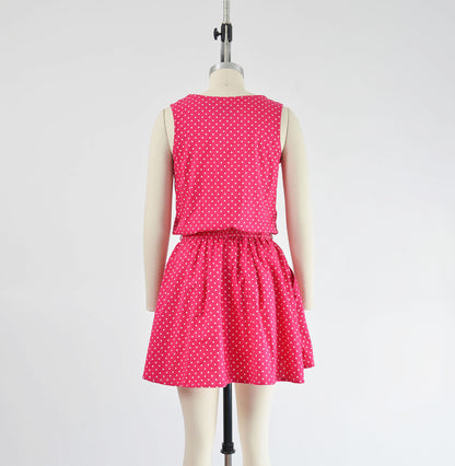 Vintage 90s Pink and White Polka Dot Cotton Skater Mini Dress with Pockets size S