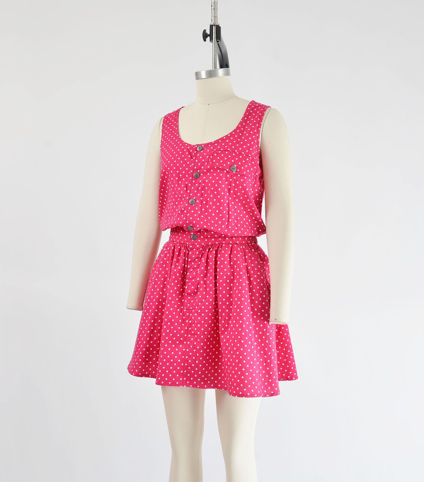 Vintage 90s Pink and White Polka Dot Cotton Skater Mini Dress with Pockets size S