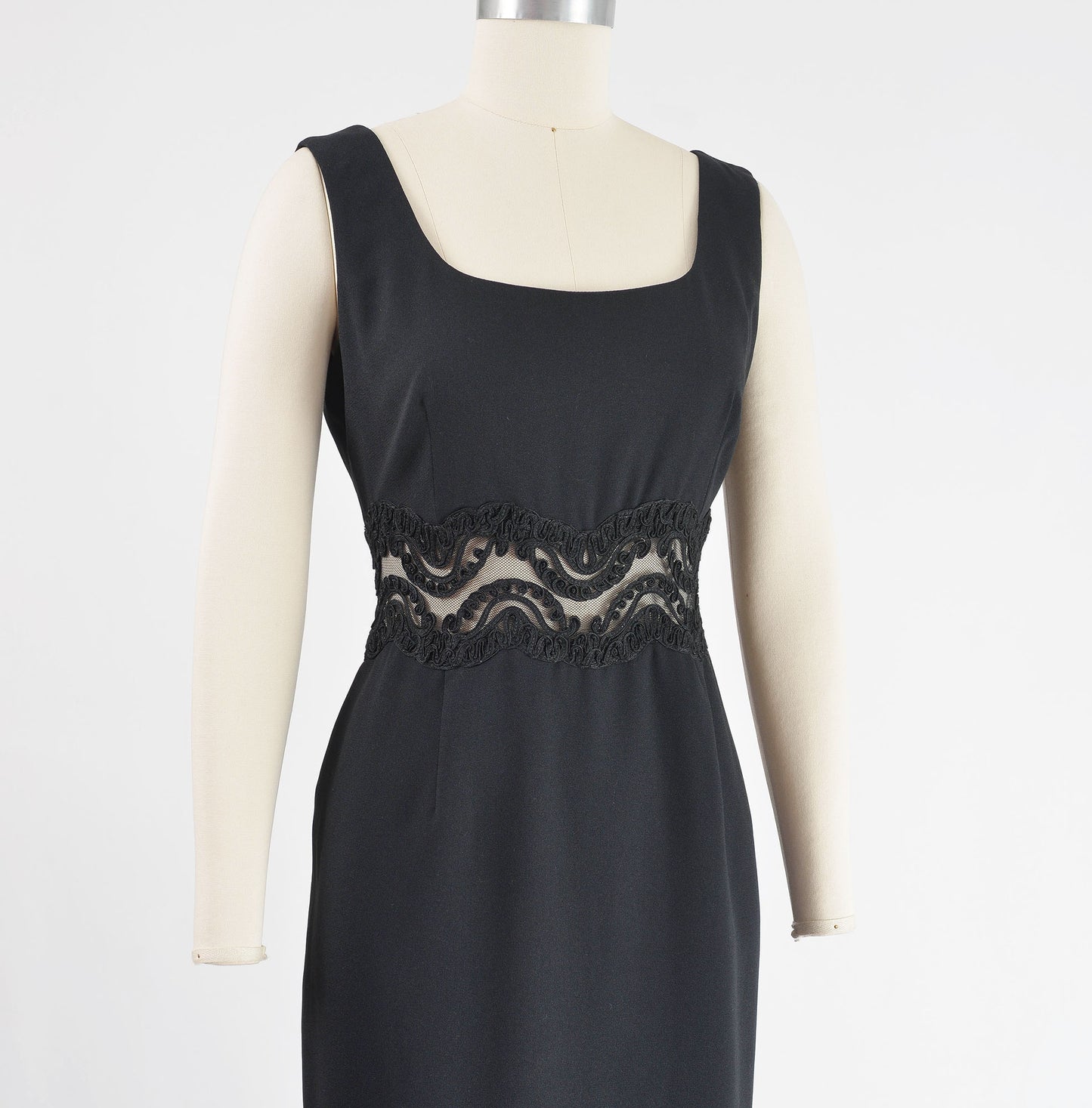 Vintage 90s Black Sheer Lace Waist Ankle Length Cocktail Party Dress size S