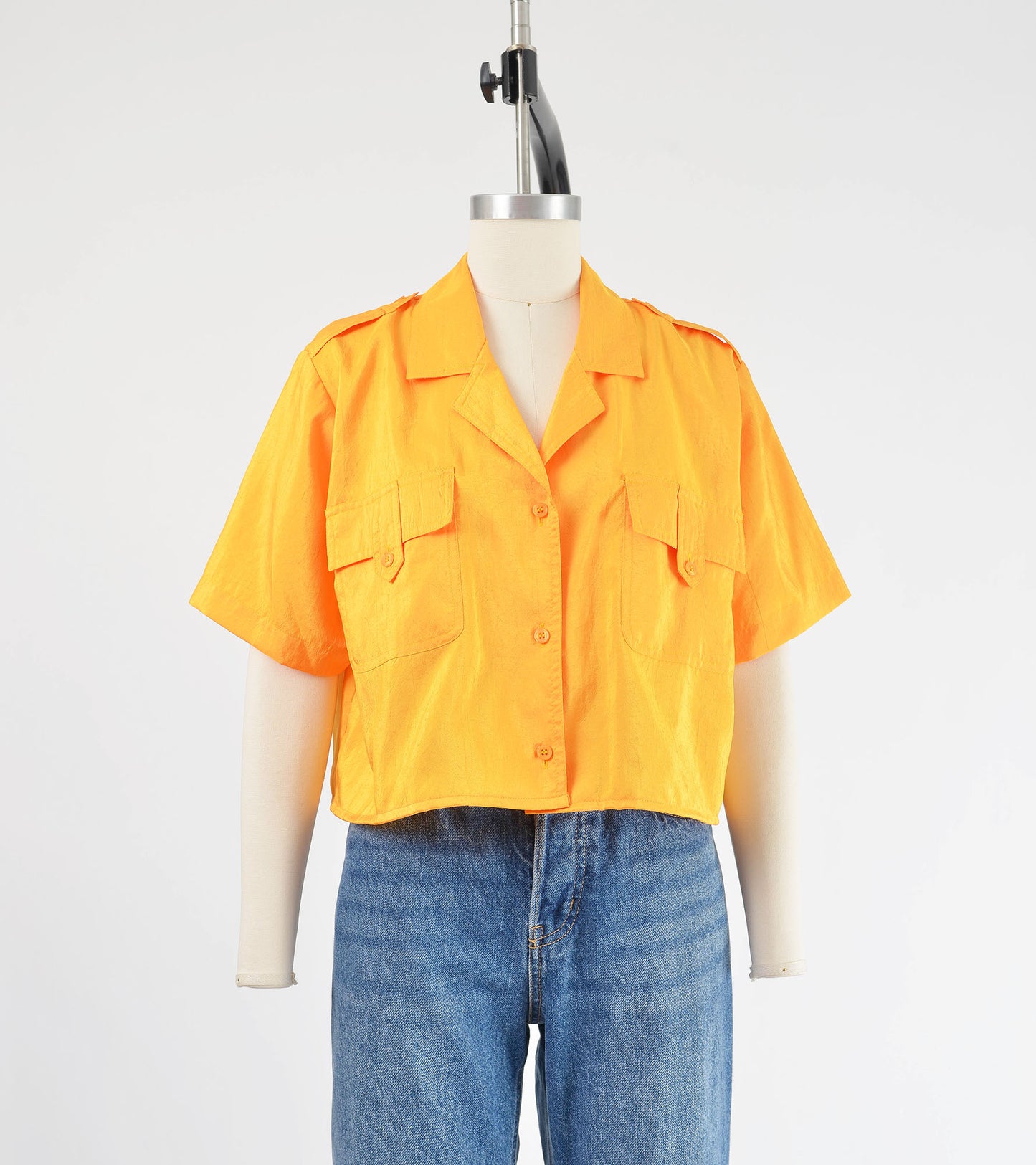 Vintage 90s Yellow Cropped Shirt Collared Button Down Crop Top size M L